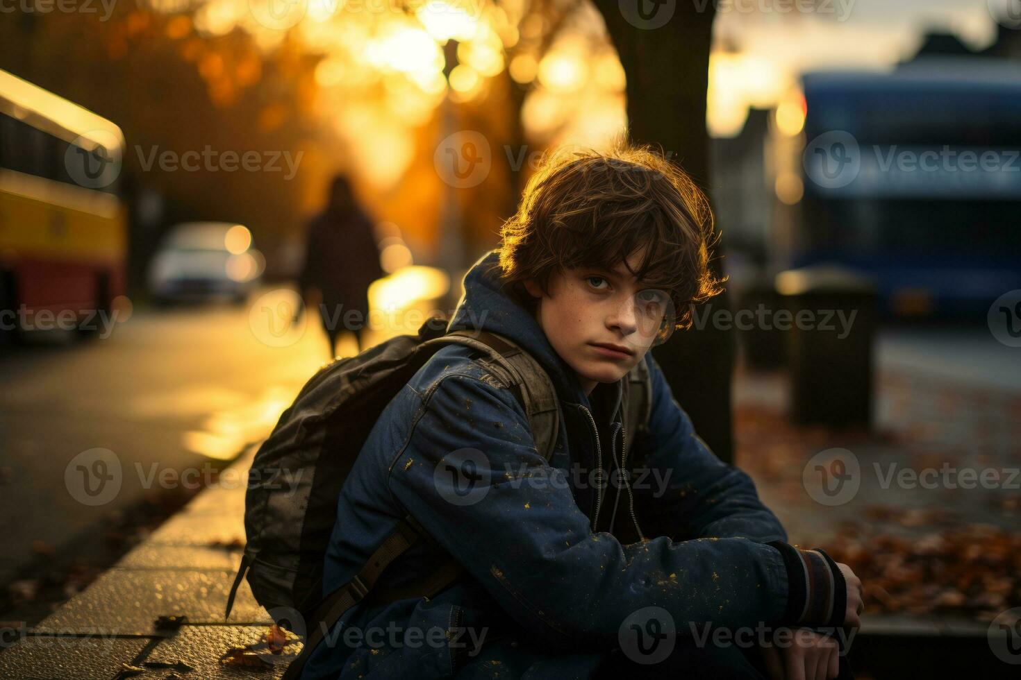 un chico con un mochila sentado en un bordillo generativo ai foto