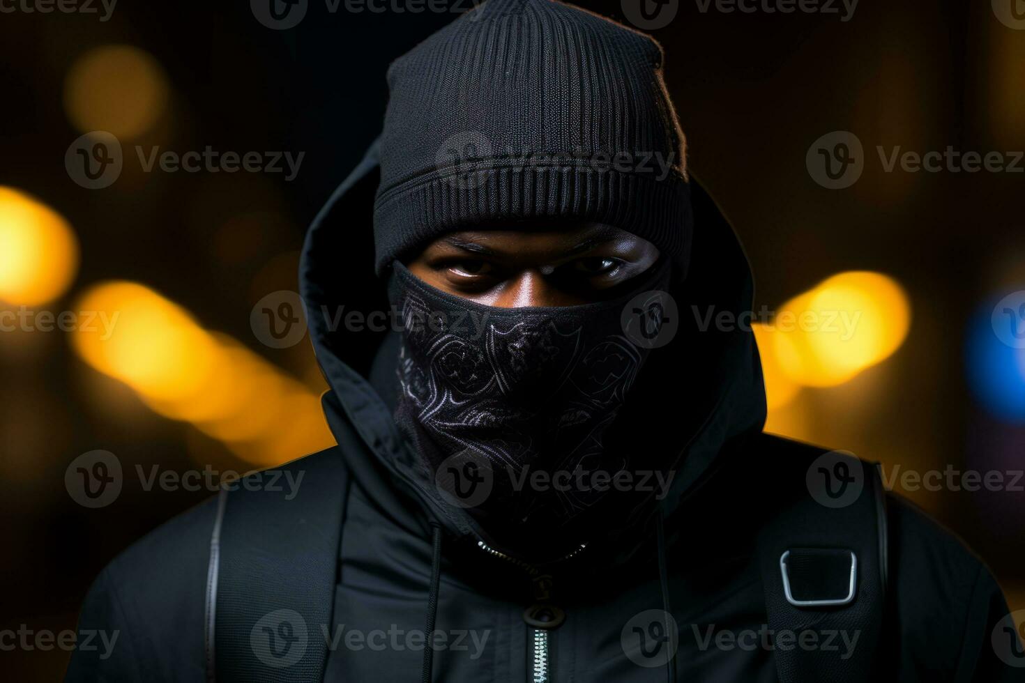 a man wearing a black hoodie and a black face mask generative ai photo