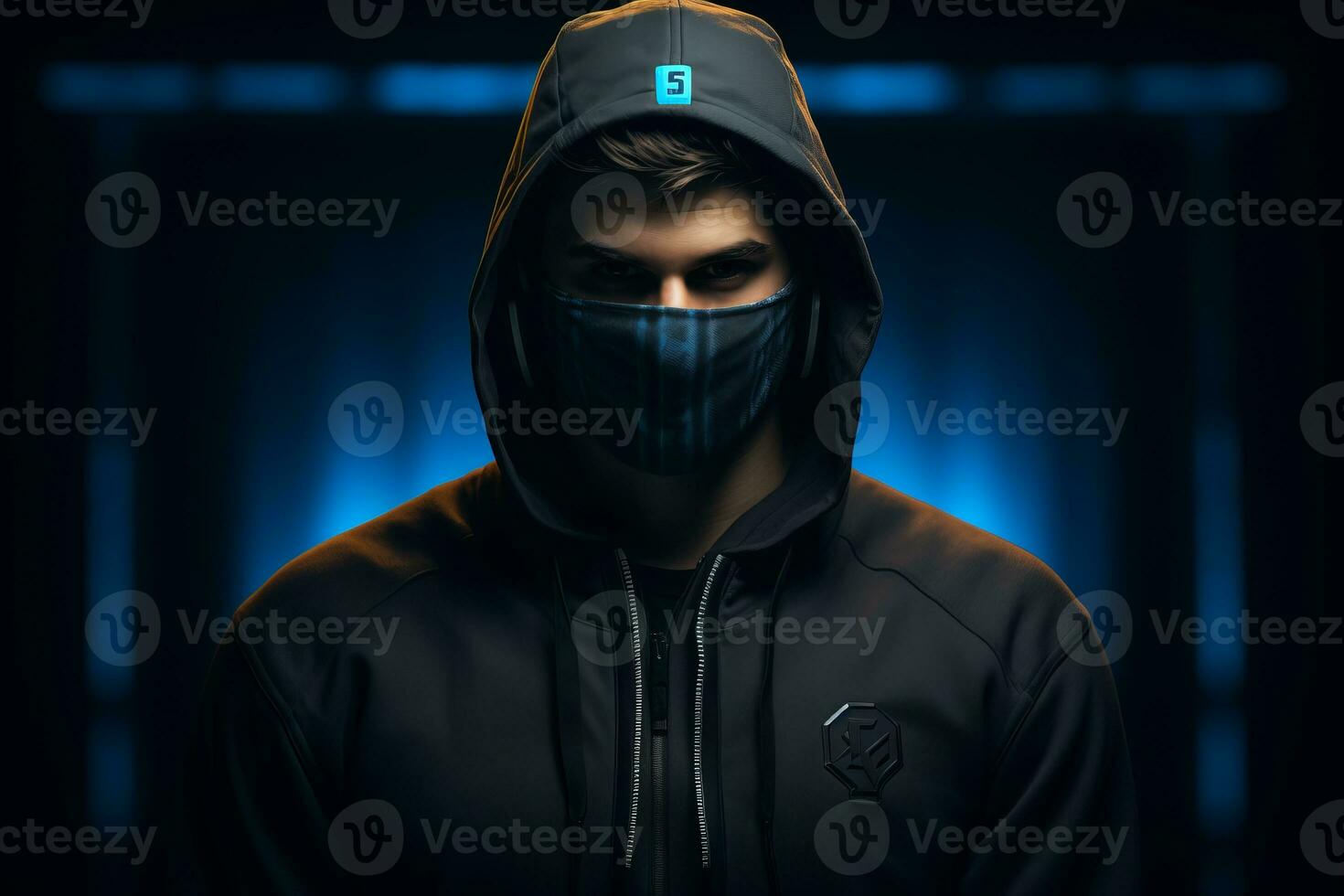 a man wearing a black hoodie and a blue mask generative ai photo