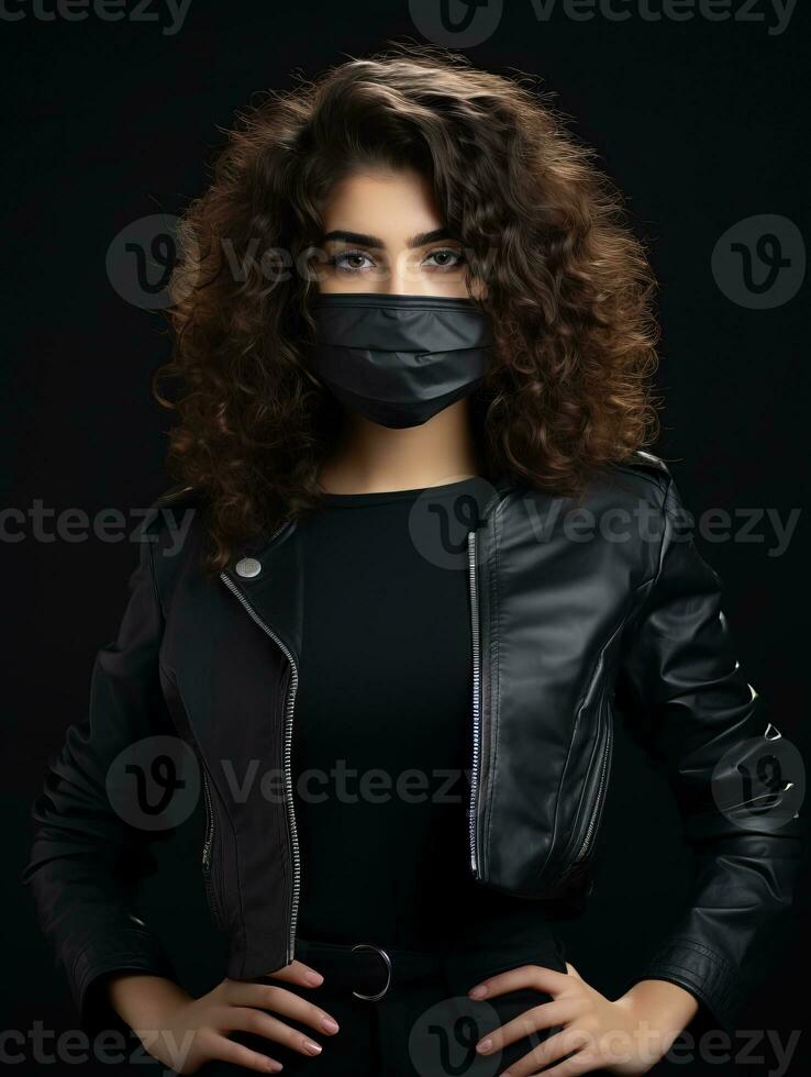 a woman in a black leather jacket with a surgical mask on her face generative ai photo