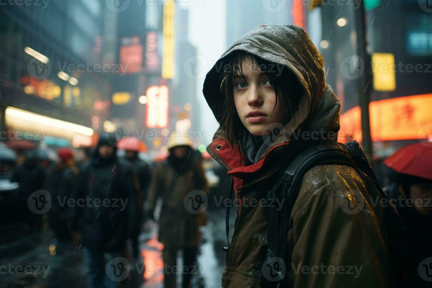 a woman in a hooded jacket walking down a street in the rain generative ai photo
