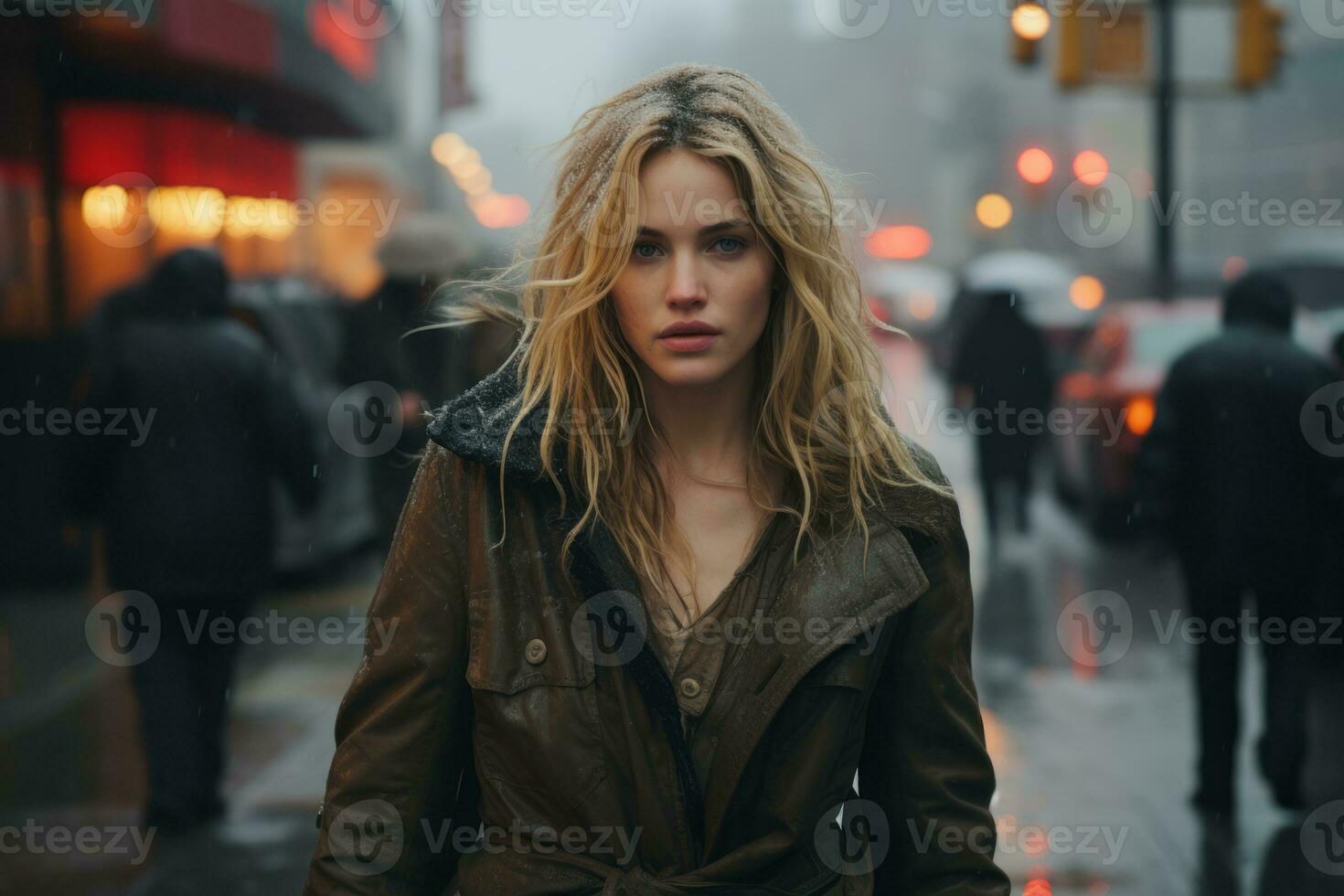 a woman in a leather jacket walking down a city street in the rain generative ai photo