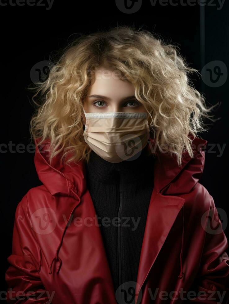 a woman in a red coat with a surgical mask on her face generative ai photo
