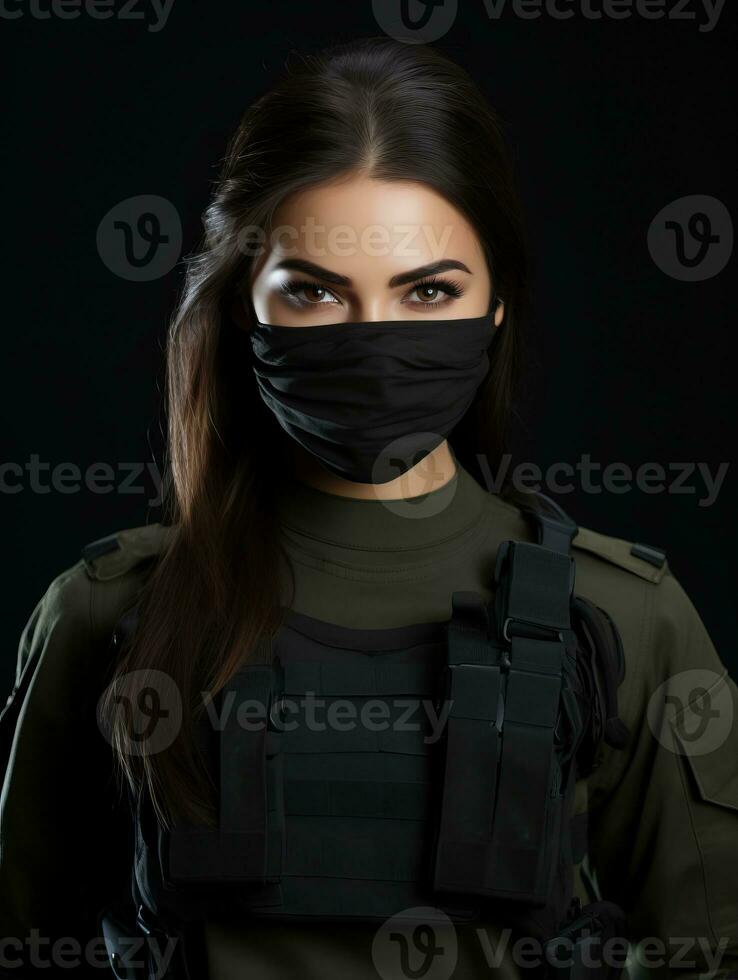 a woman in military gear with a mask on her face generative ai photo