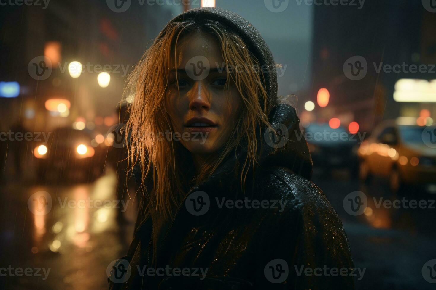 a woman standing in the rain on a city street at night photo