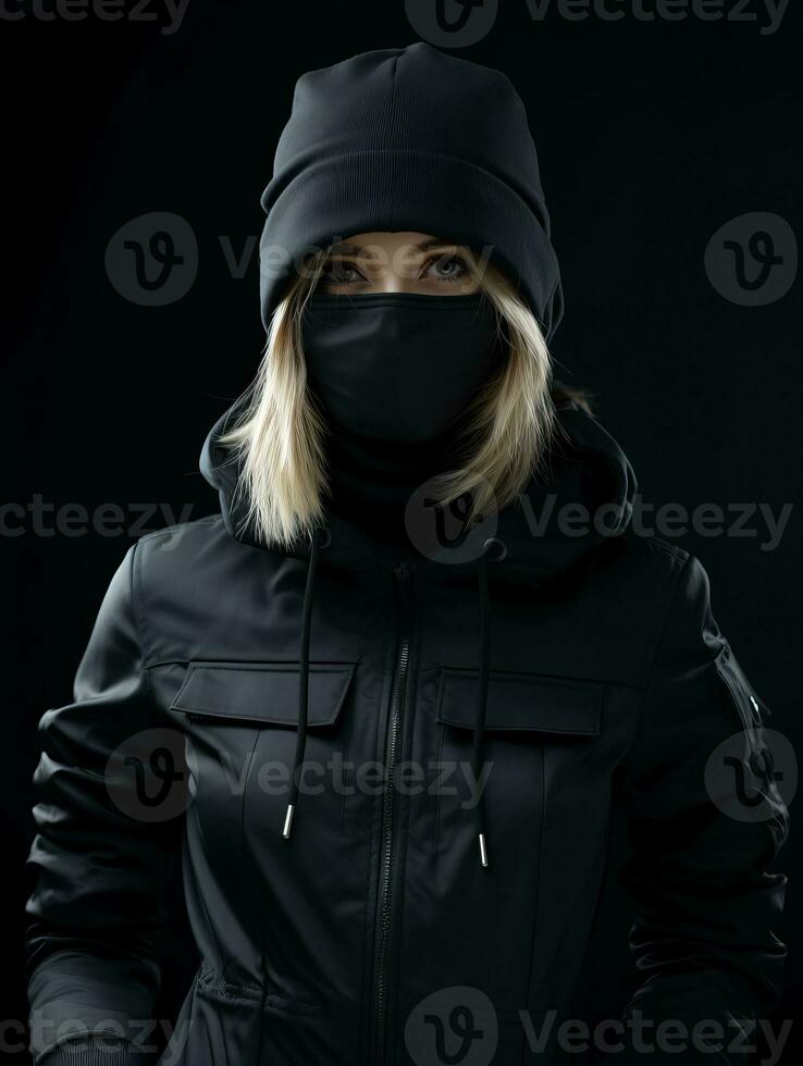 a woman wearing a black face mask and jacket generative ai photo