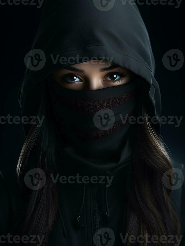 a woman wearing a black hoodie and black face mask generative ai photo