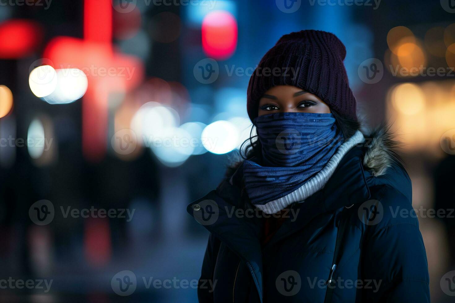 a woman wearing a face mask in the city at night generative ai photo