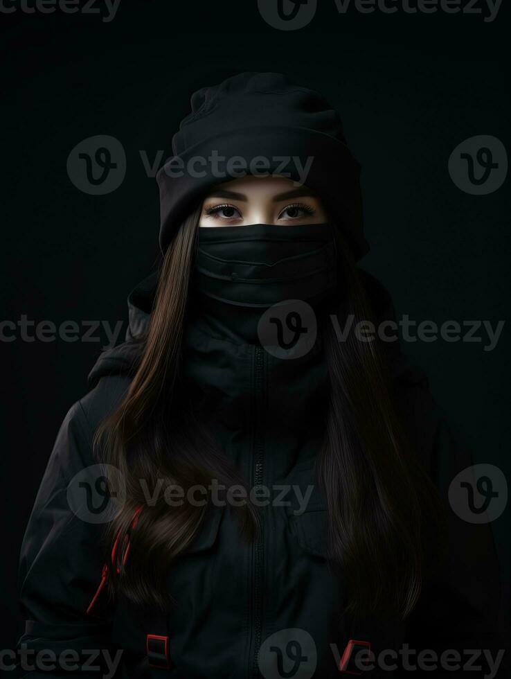 a woman wearing a face mask on a black background generative ai photo
