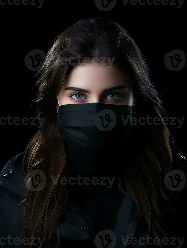 a woman wearing a face mask on a black background generative ai photo