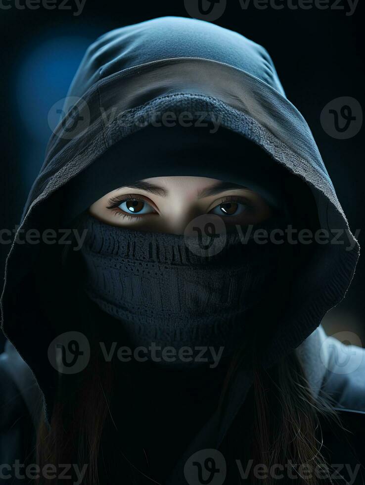a woman wearing a hoodie and a face mask generative ai photo
