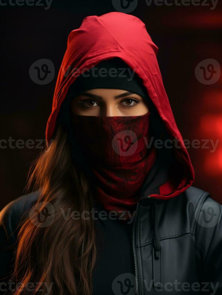 a woman wearing a red hoodie and a black jacket generative ai photo