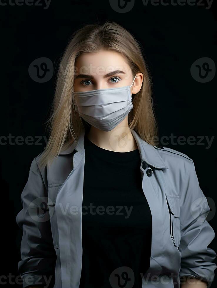 a woman wearing a surgical mask on a black background generative ai photo