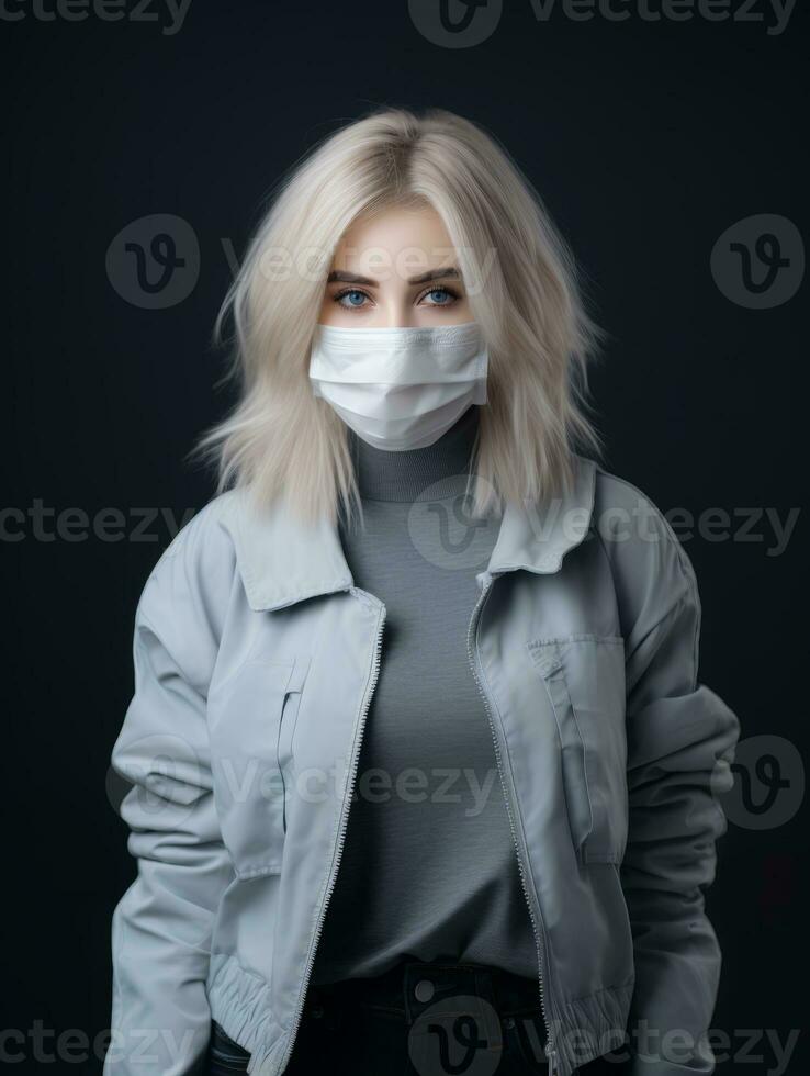a woman wearing a surgical mask on a black background generative ai photo