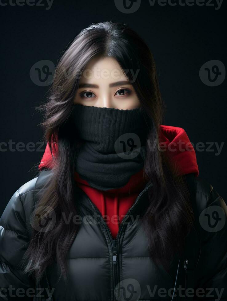 a woman wearing a winter jacket and scarf generative ai photo