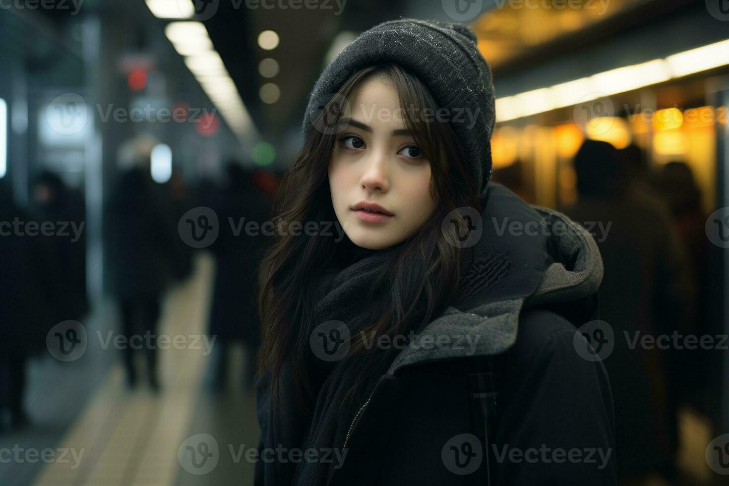 a young woman in a winter coat standing in a subway station generative ai photo