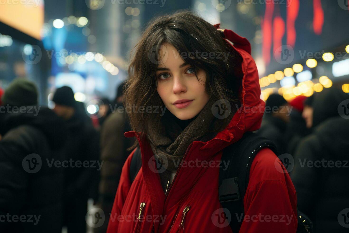 a young woman in a red coat standing in the middle of a crowded city generative ai photo