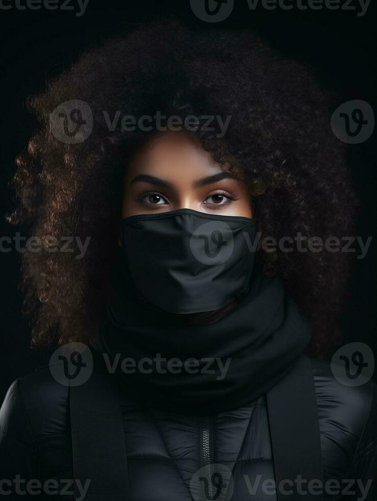 an african american woman wearing a black face mask generative ai photo
