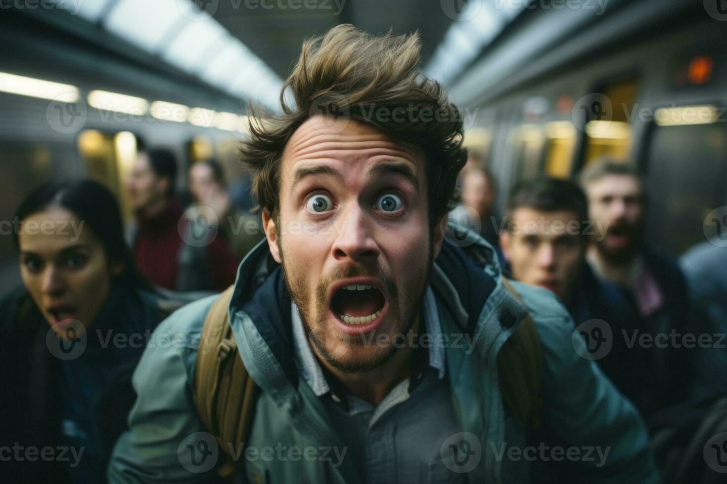 an image of a man on a subway train with his mouth wide open generative ai photo