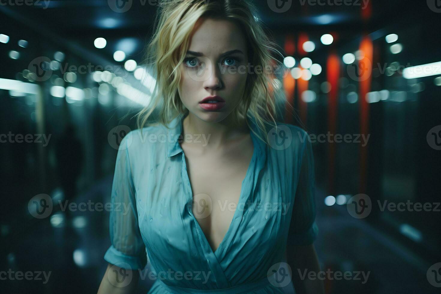 a woman in a blue dress standing in an empty hallway generative ai photo