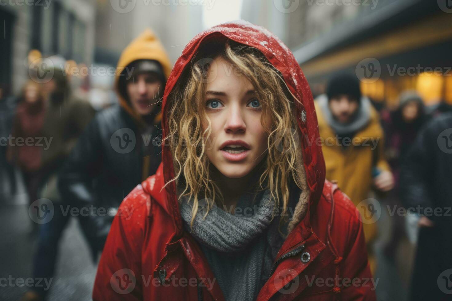 a woman in a red hoodie is standing in the middle of a crowd generative ai photo