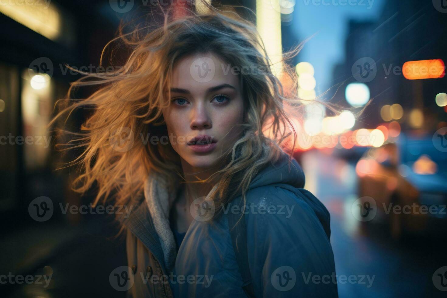 a woman in the city at night with her hair blowing in the wind generative ai photo