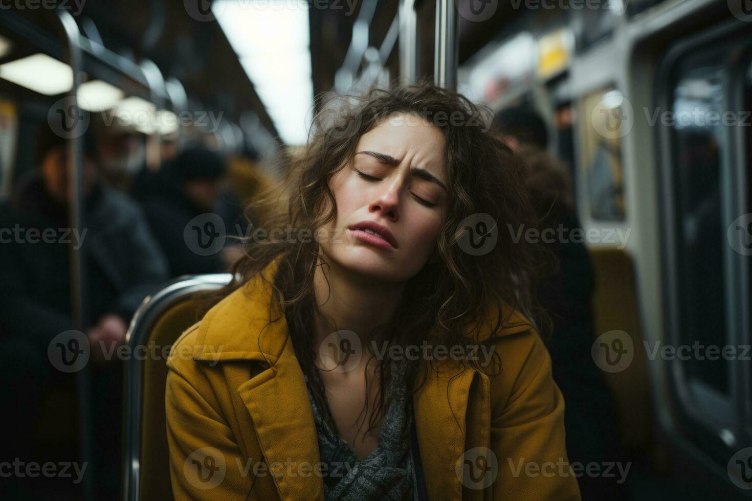 a woman sitting on a subway train with her eyes closed photo