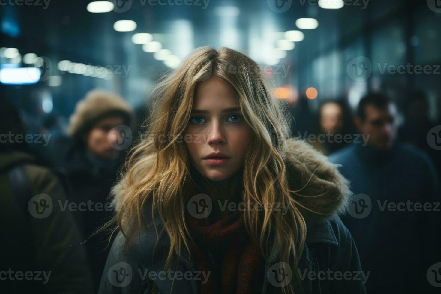 a woman standing in an airport with many people in the background generative ai photo