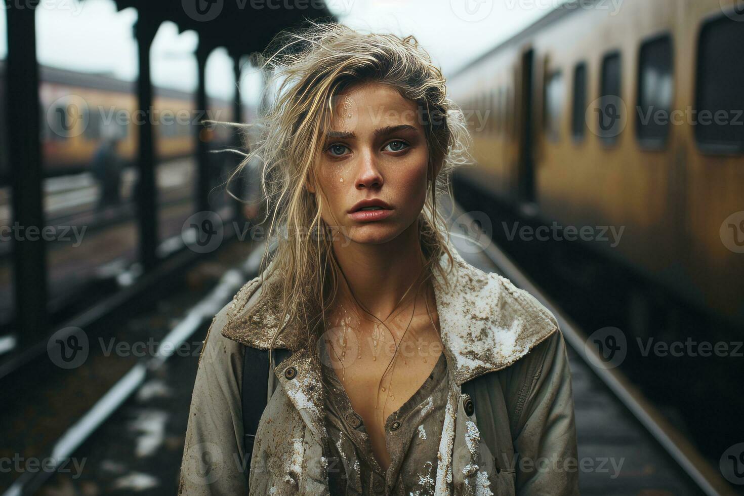 a woman standing in front of a train photo