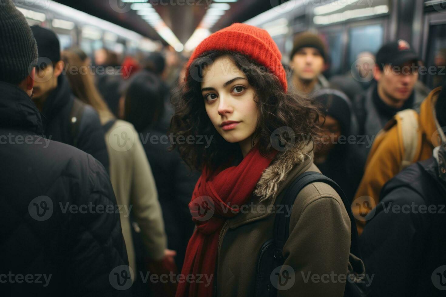 a woman wearing a red hat and scarf on a subway train photo