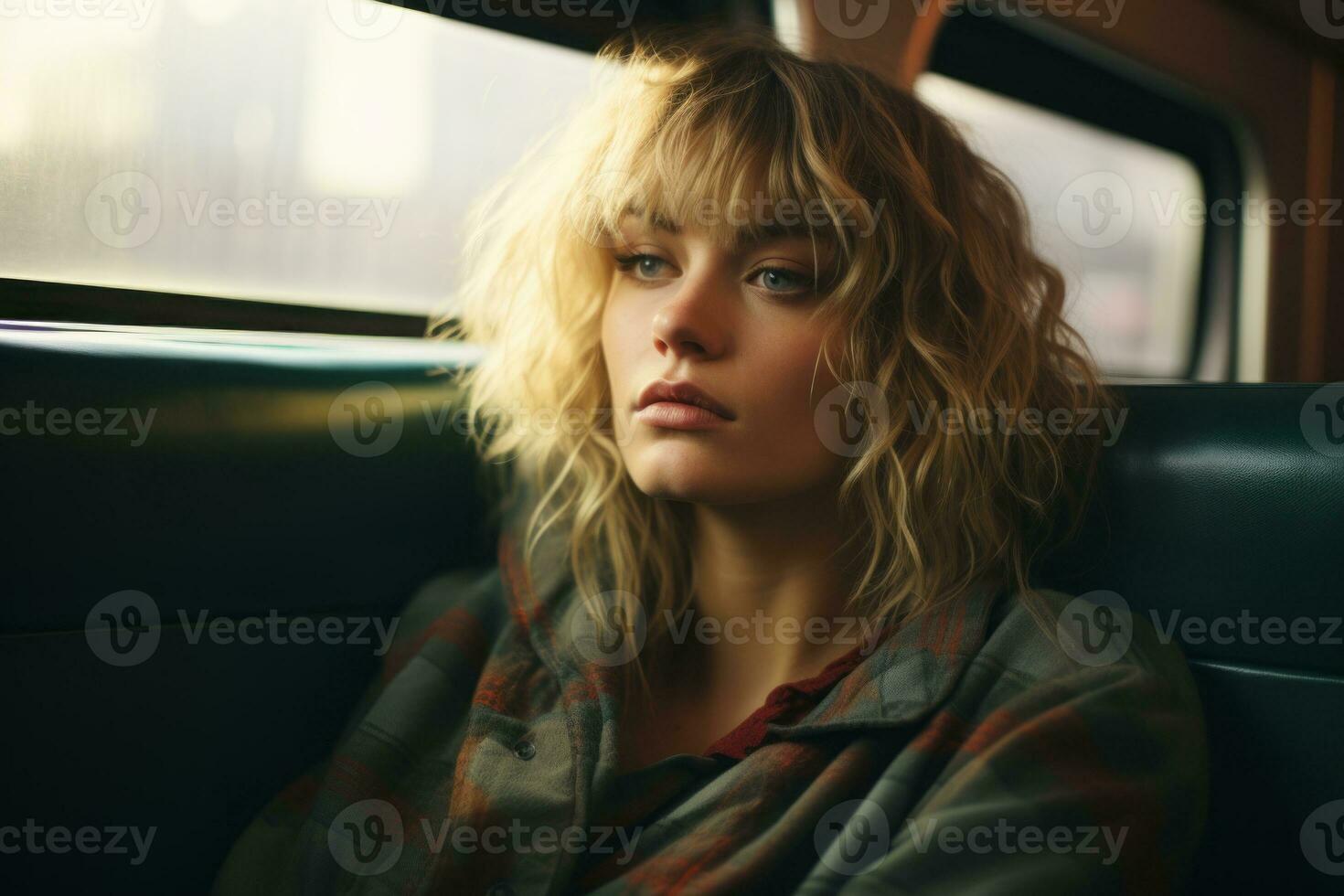 a woman with blonde hair sitting on a bus photo