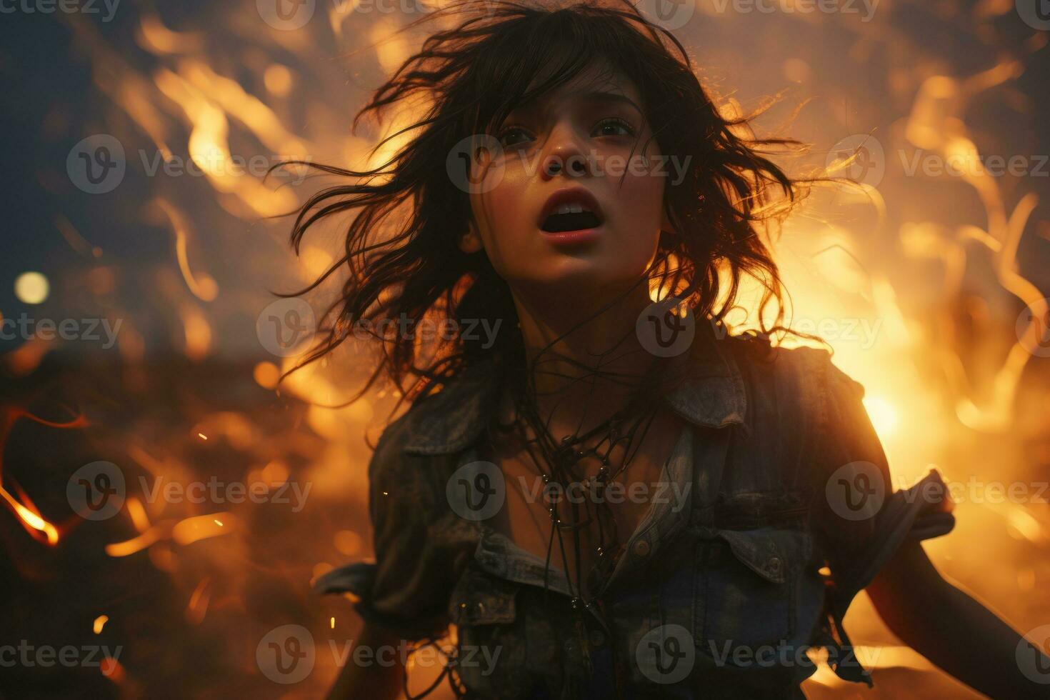 a woman with long hair standing in front of a fire generative ai photo