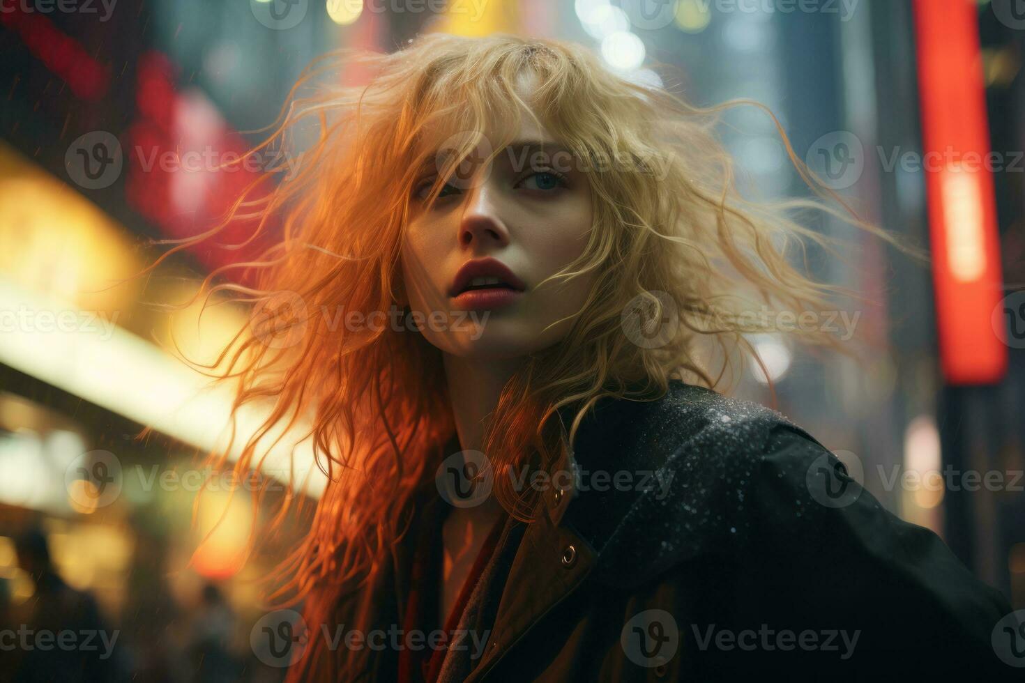 a woman with red hair standing in the middle of a city street photo