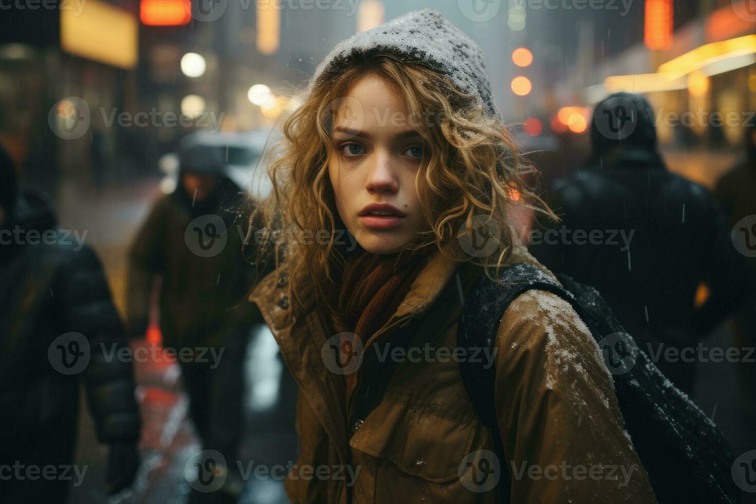 portrait of a young woman walking in the rain on a city street at night generative ai photo
