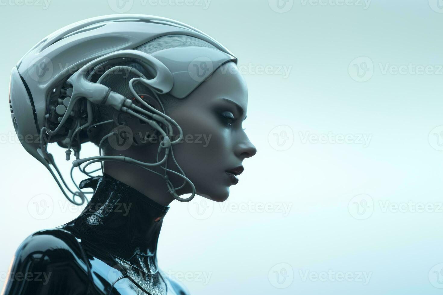 3d rendering of a female cyborg on a gray background photo