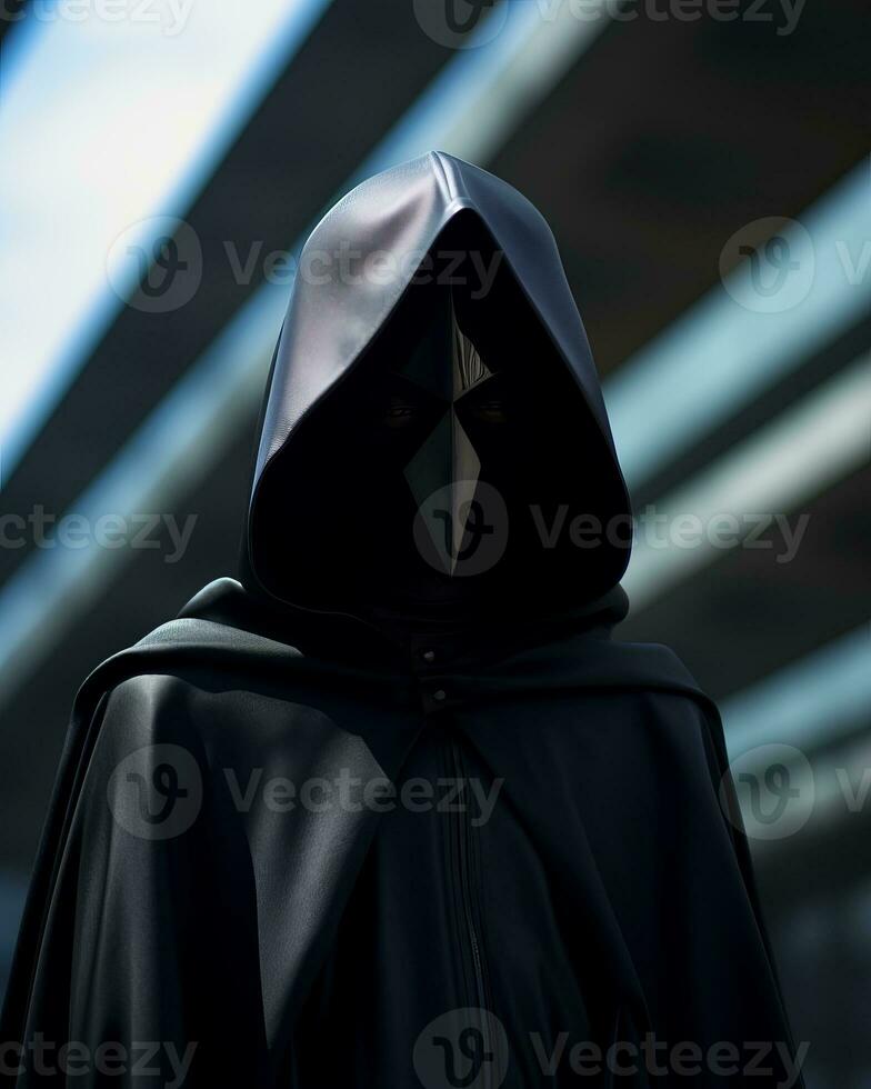 a person in a black cloak standing in front of a building generative ai photo