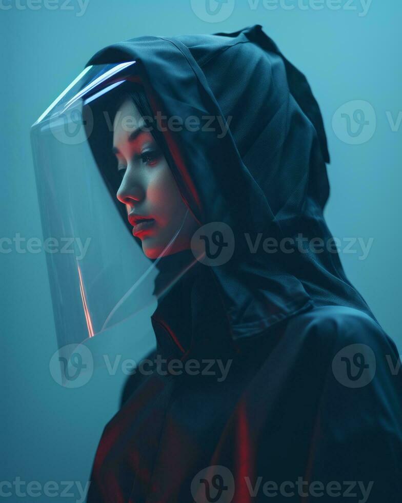 a woman in a black hooded jacket with red and blue lights generative ai photo