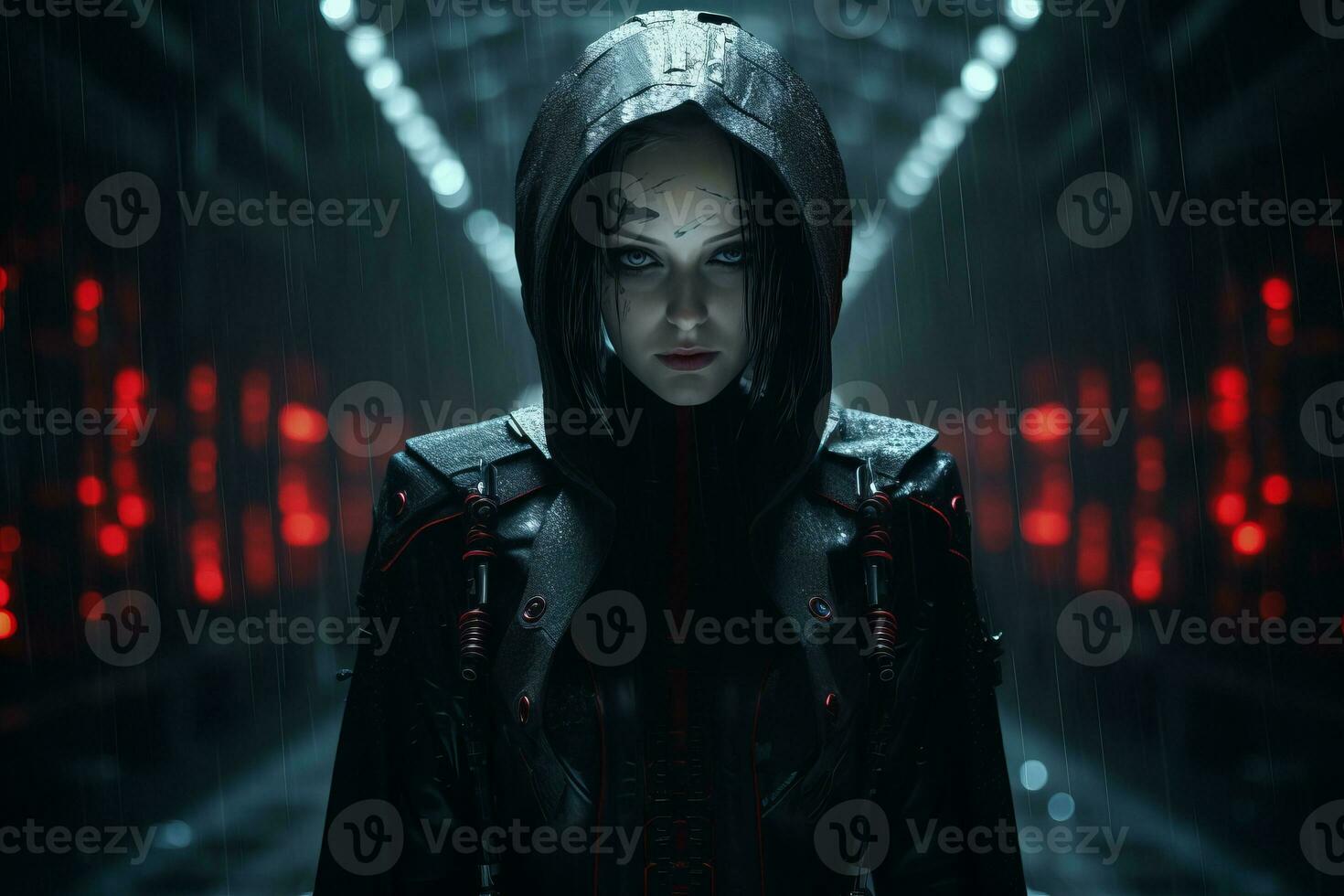 a woman in a black hooded jacket standing in the rain generative ai photo
