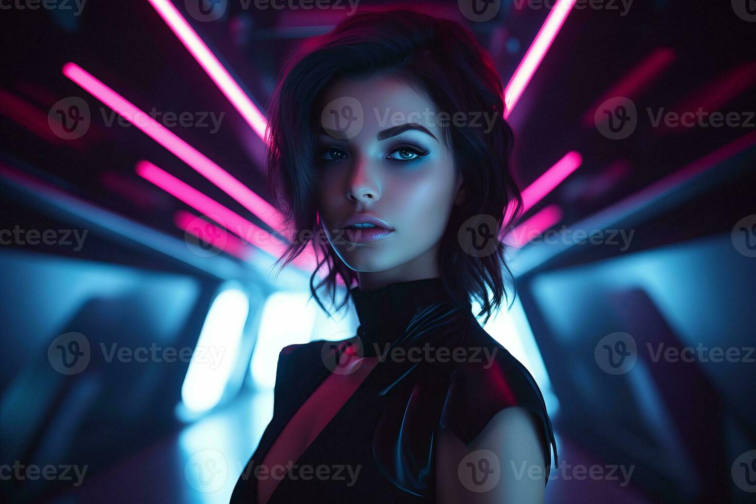 a woman in a black dress with neon lights in the background generative ai photo