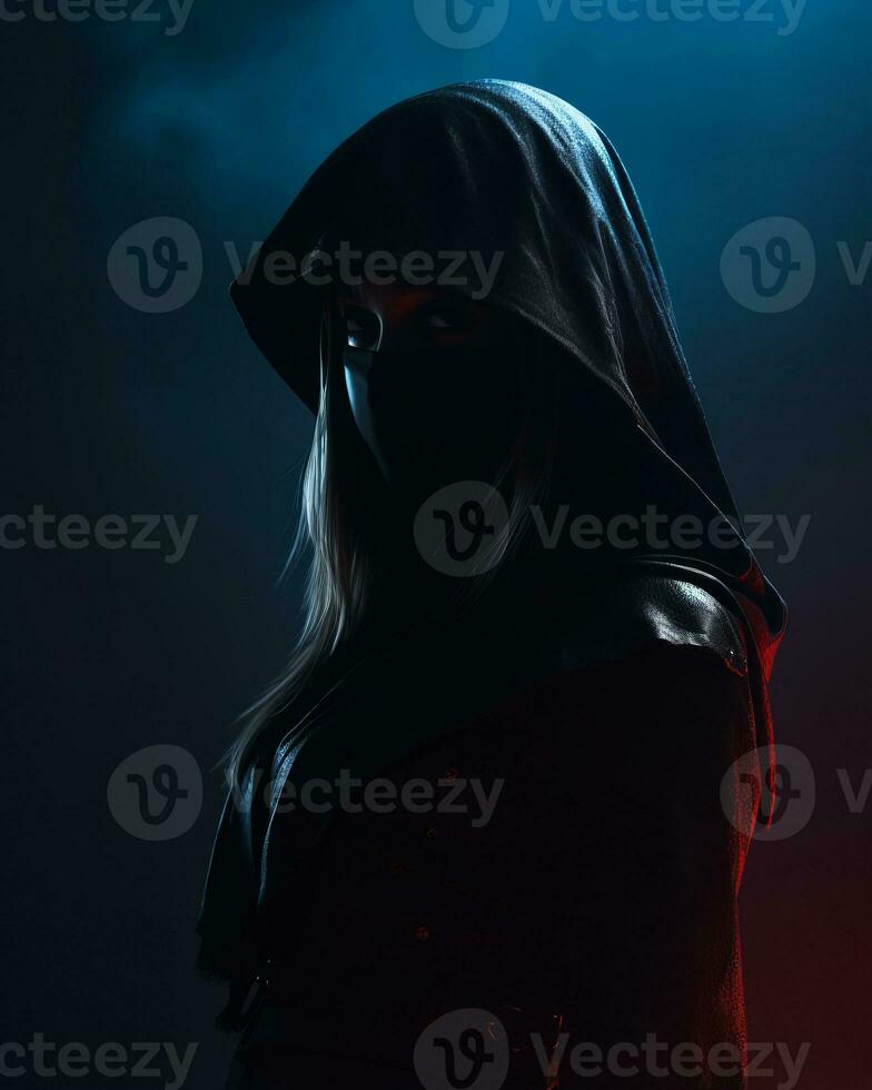 a woman in a black hoodie and mask standing in front of a dark background generative ai photo