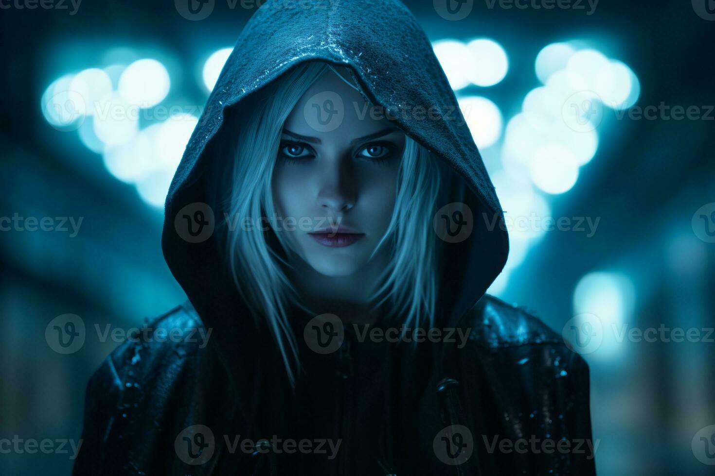 a woman in a black hoodie with blue eyes photo