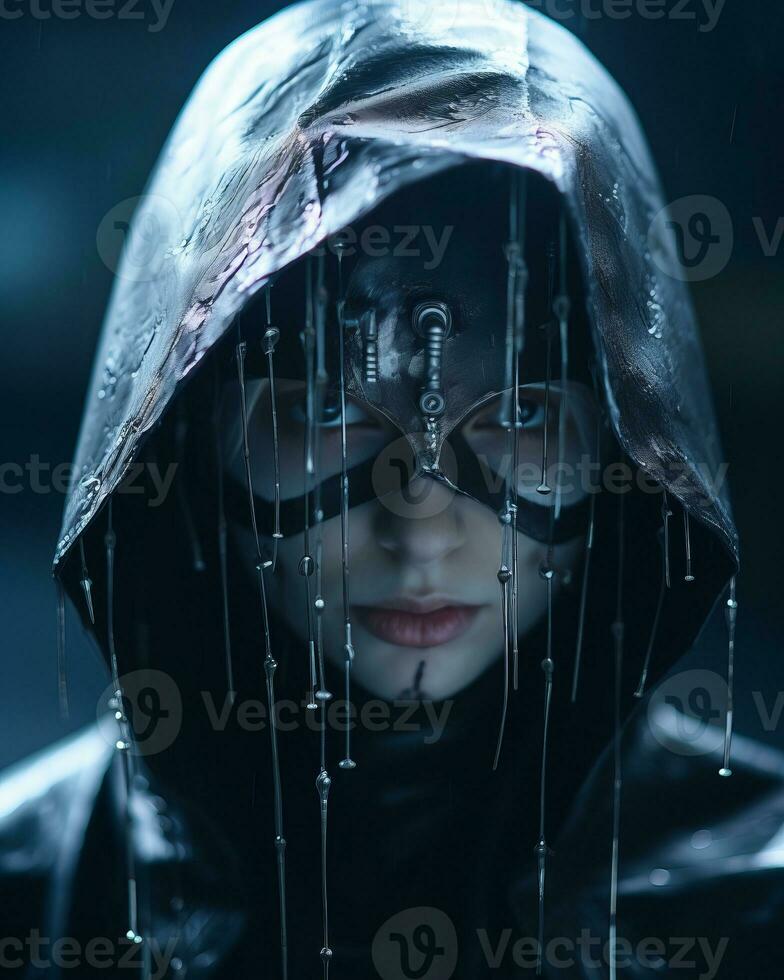 a woman in a black hoodie with dripping water on her face generative ai photo
