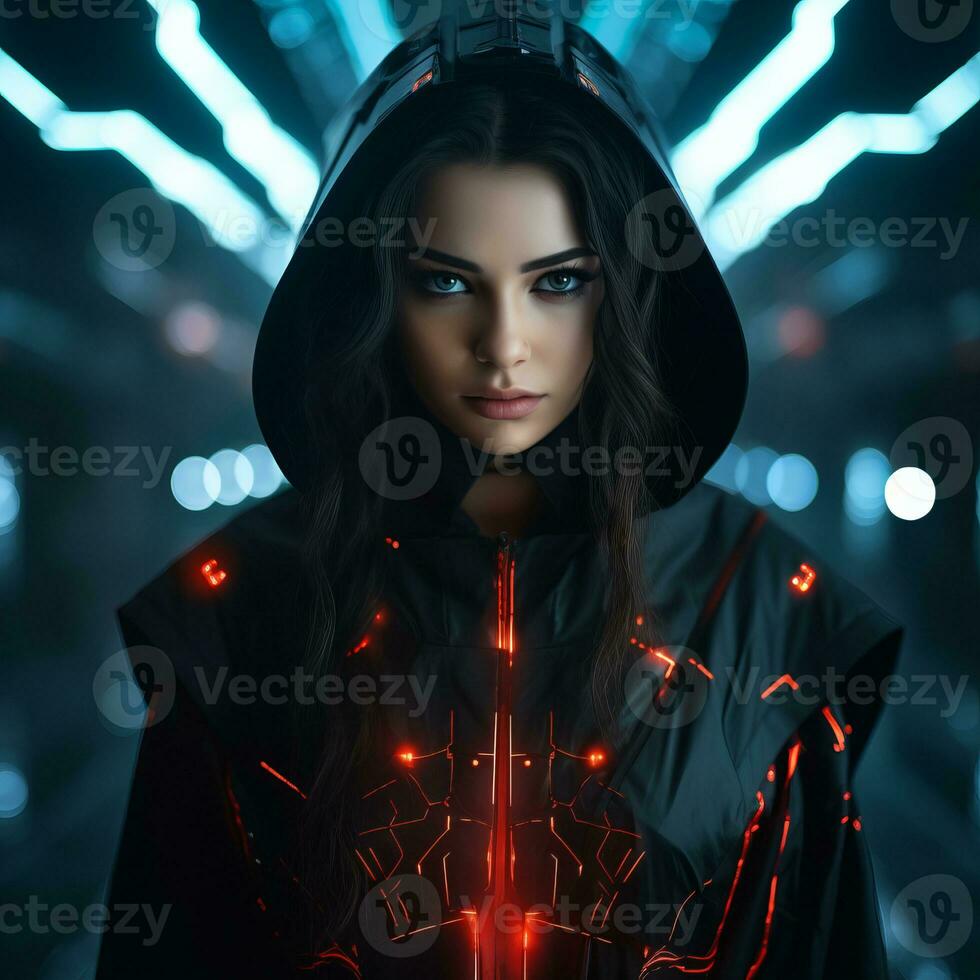 a woman in a black hoodie with glowing red lights generative ai photo