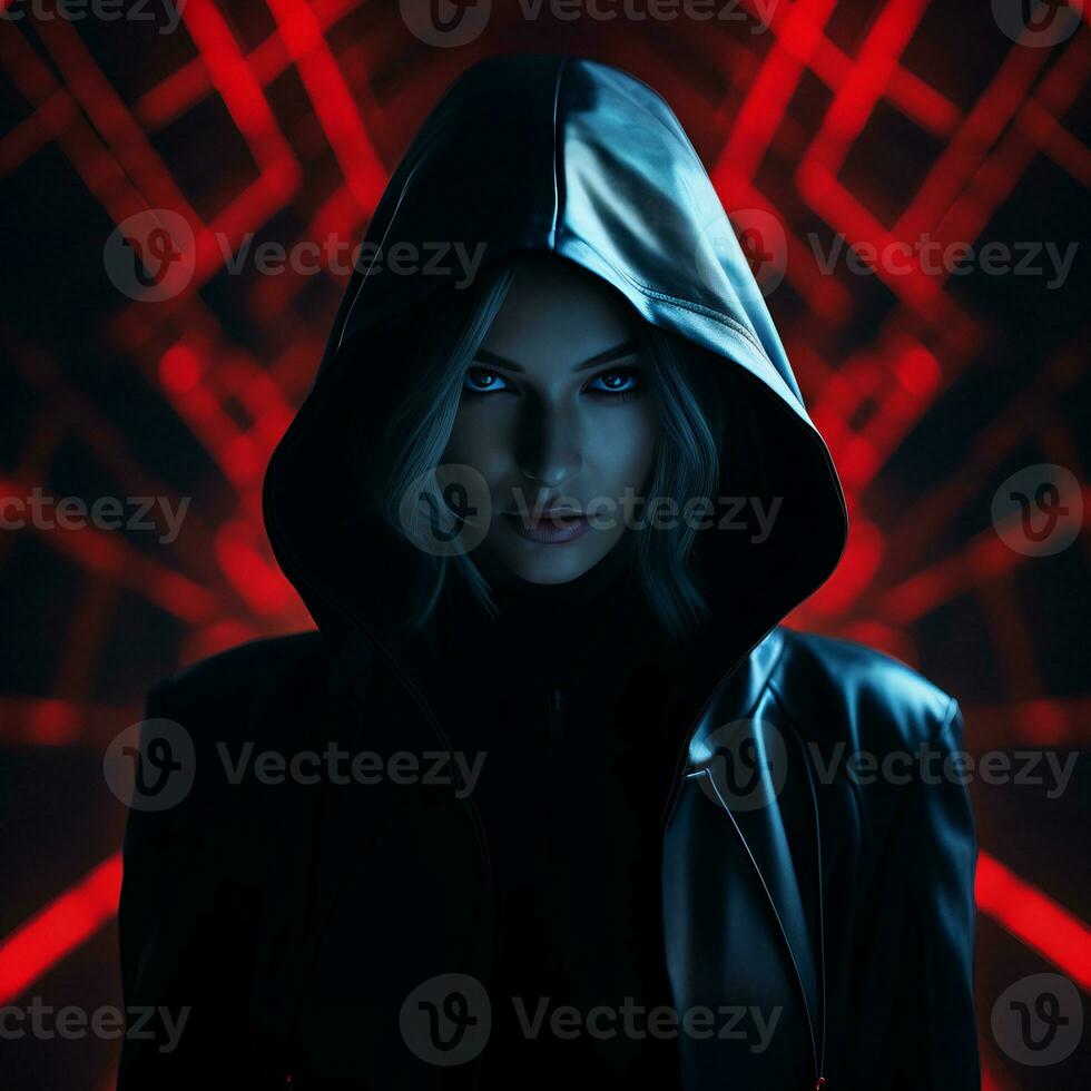 a woman in a black hoodie with red lights behind her generative ai photo