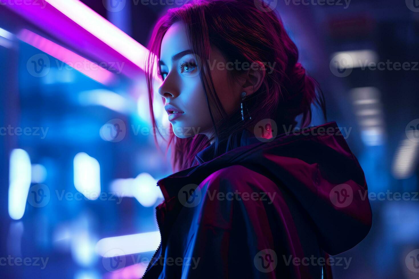 a woman in a black jacket standing in front of neon lights generative ai photo