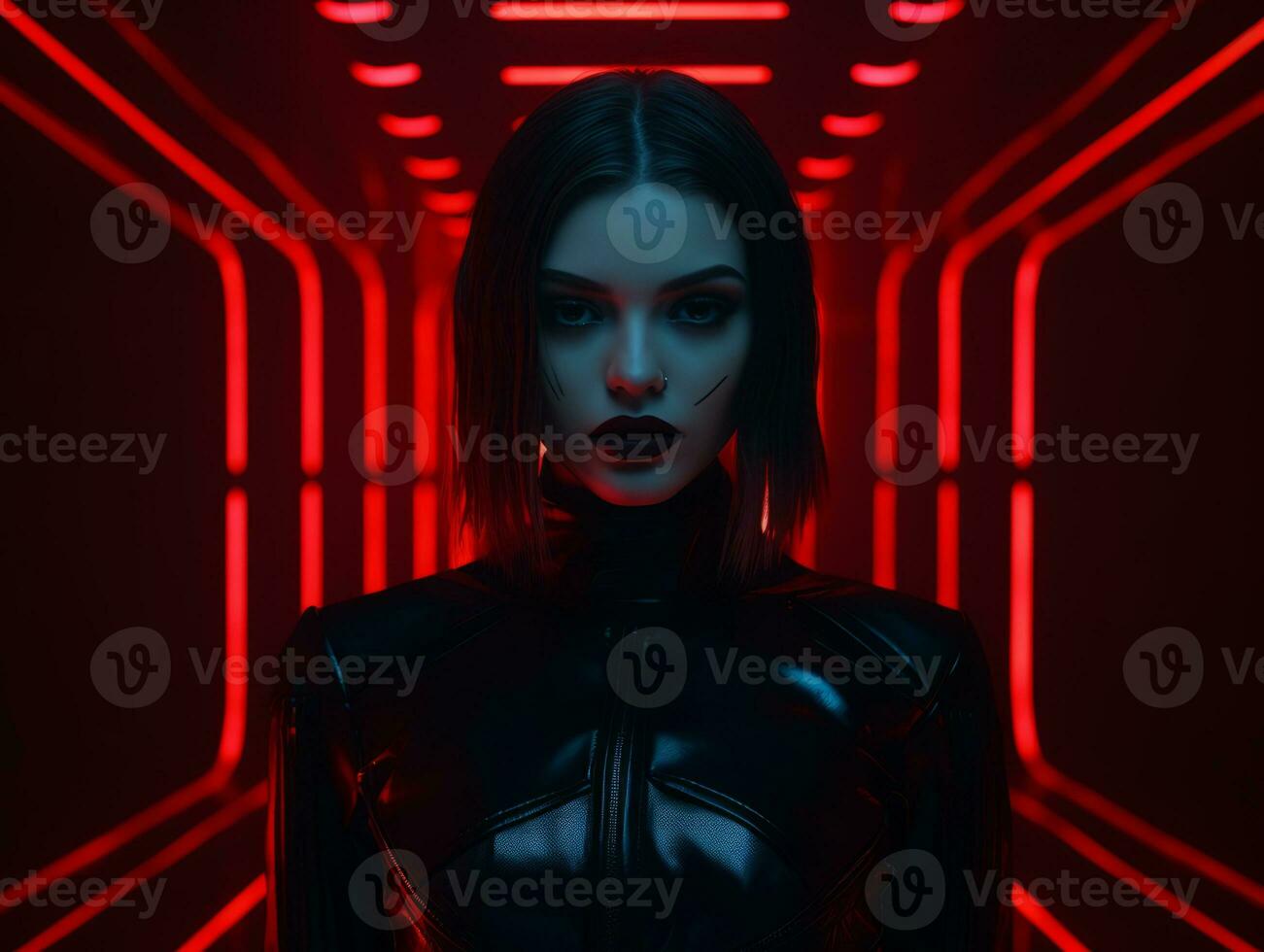 a woman in a black latex suit with red neon lights generative ai photo