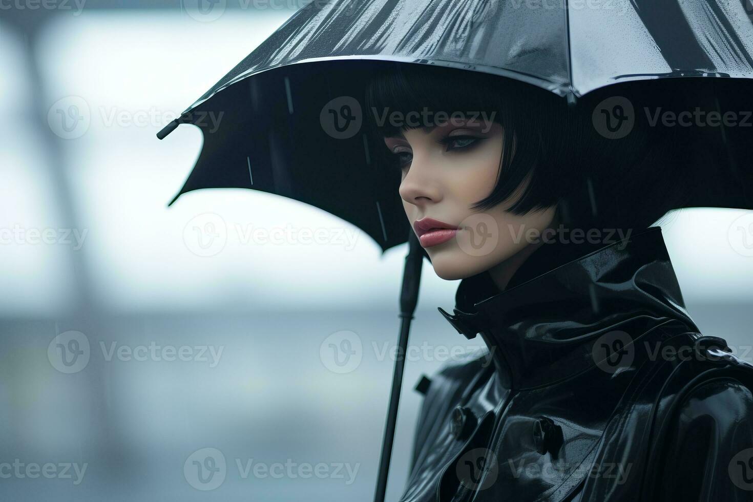 a woman in a black leather jacket is holding an umbrella generative ai photo