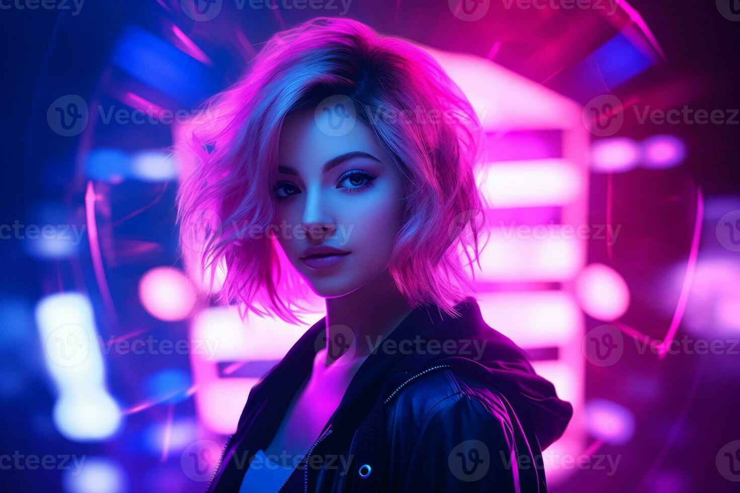 a woman in a black jacket with neon lights around her generative ai photo