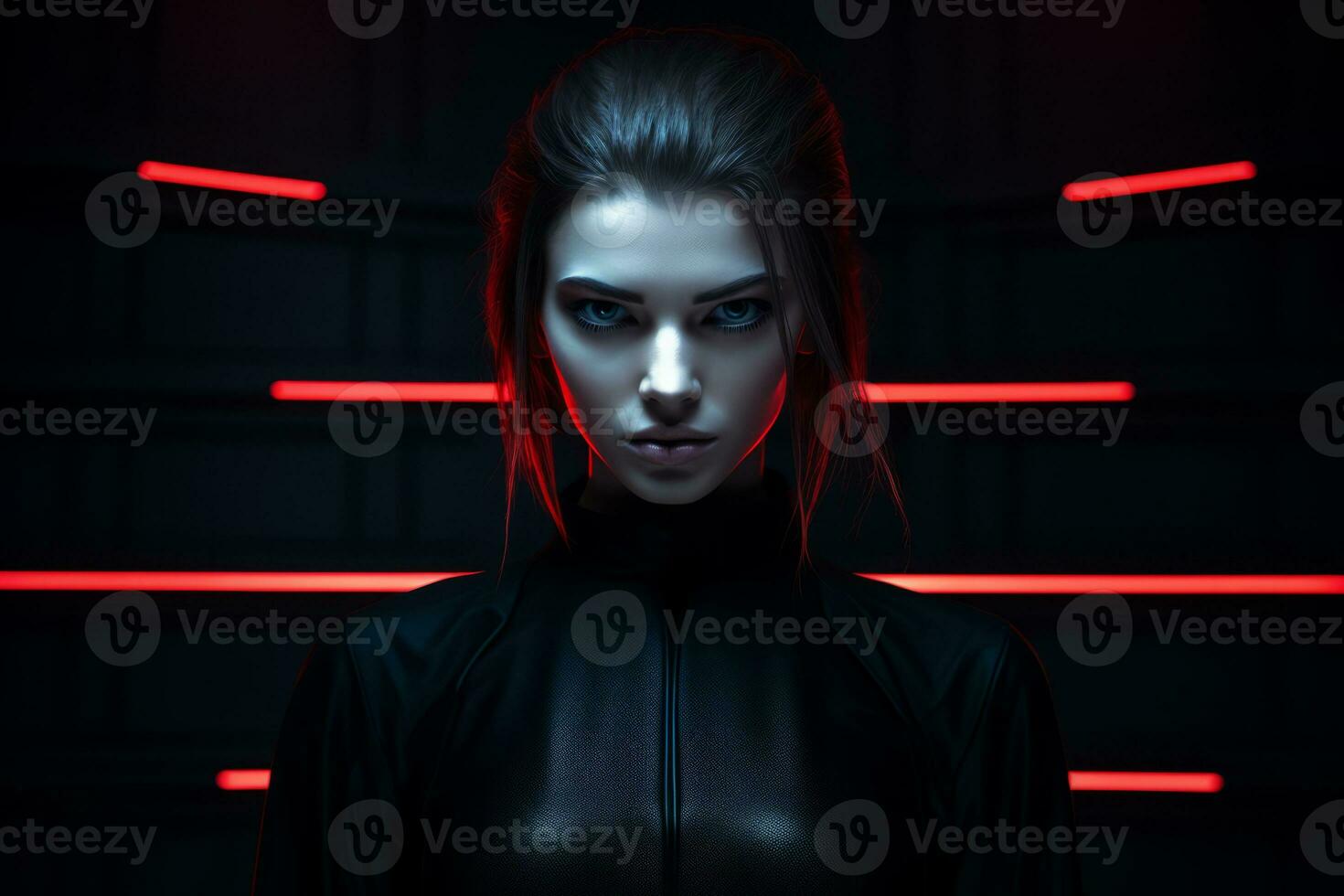 a woman in a black outfit with red lights generative ai photo