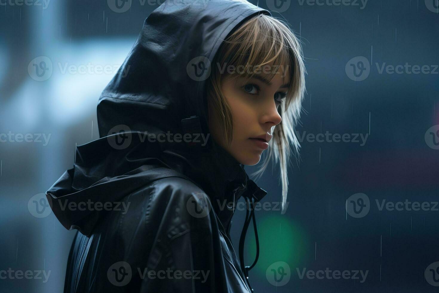 a woman in a black rain jacket standing in the rain generative ai photo